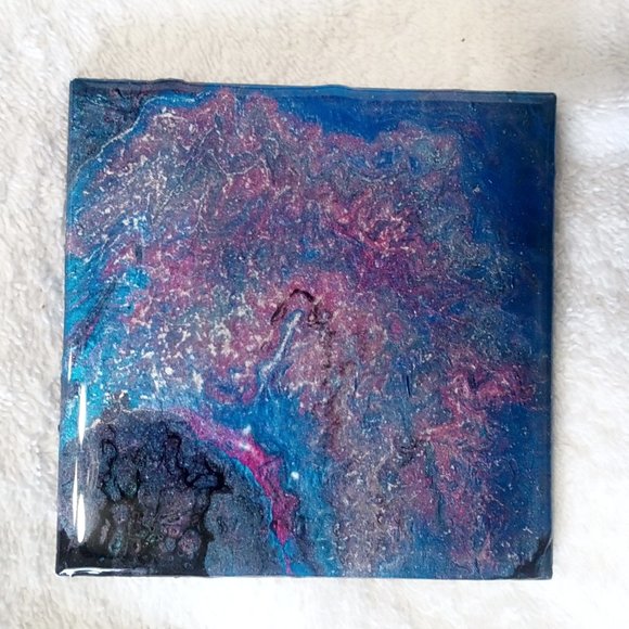 Hand Crafted Painted Tile Coasters Metallic Acrylic Fluid Art Painting Set … - Picture 2 of 6